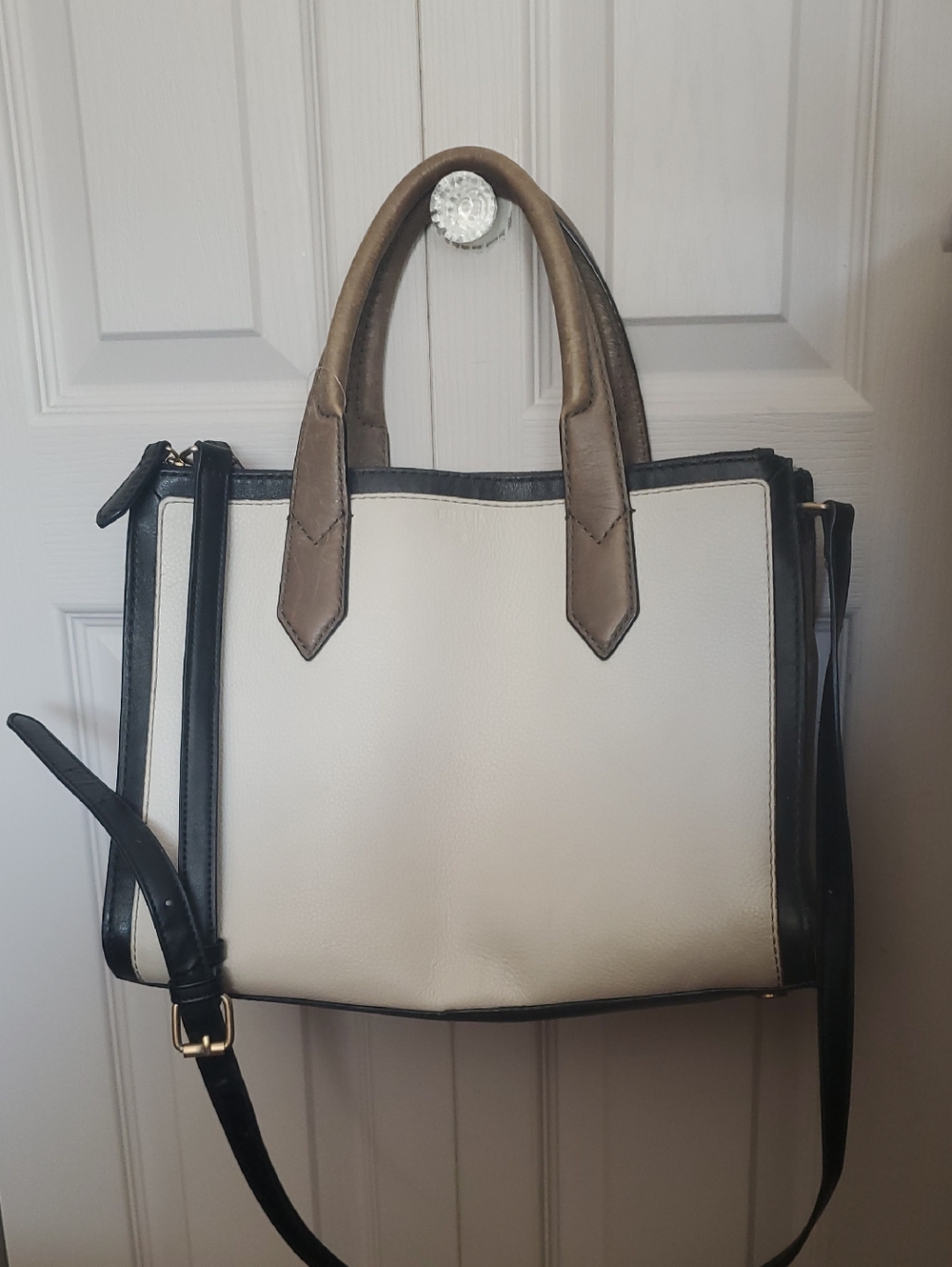 Fossil Two-Tone Cream Satchel with Black Trim and Taupe Handles